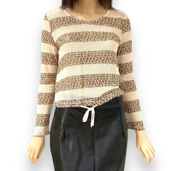 Metallic Ivory Tan Stripe Long Sleeve Lightweight Knit Top NEW - Picture 1 of 4